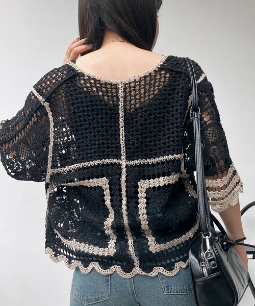 AS KNOW AS plus（アズノゥアズプラス）の「●かぎ針リボン結び半袖カーディガン（カーディガン/ボレロ・レディース・ブラック系/アイボリー系/ブルー系・FREE）」の18枚目の写真