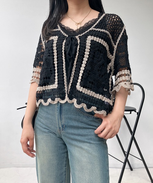 AS KNOW AS plus（アズノゥアズプラス）の「●かぎ針リボン結び半袖カーディガン（カーディガン/ボレロ・レディース・ブラック系/アイボリー系/ブルー系・FREE）」の22枚目の写真