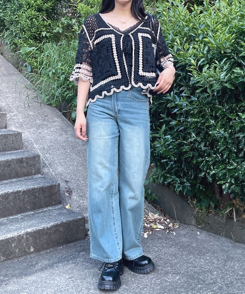 AS KNOW AS plus（アズノゥアズプラス）の「●かぎ針リボン結び半袖カーディガン（カーディガン/ボレロ・レディース・ブラック系/アイボリー系/ブルー系・FREE）」の12枚目の写真