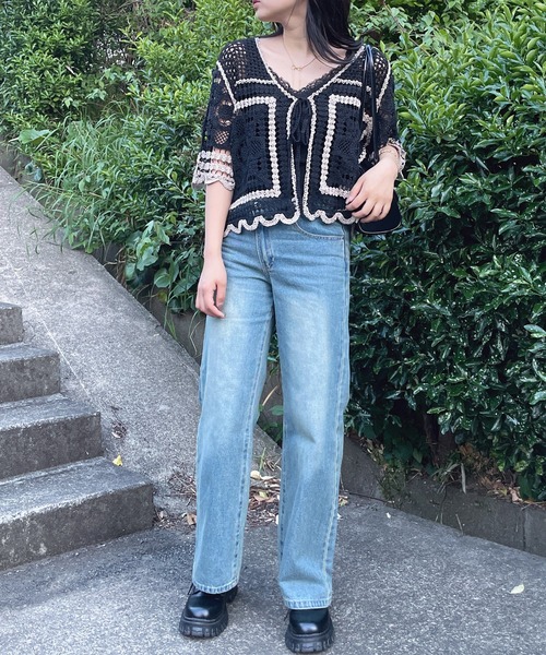 AS KNOW AS plus（アズノゥアズプラス）の「●かぎ針リボン結び半袖カーディガン（カーディガン/ボレロ・レディース・ブラック系/アイボリー系/ブルー系・FREE）」の11枚目の写真