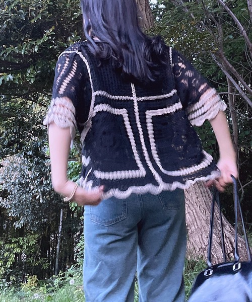 AS KNOW AS plus（アズノゥアズプラス）の「●かぎ針リボン結び半袖カーディガン（カーディガン/ボレロ・レディース・ブラック系/アイボリー系/ブルー系・FREE）」の15枚目の写真