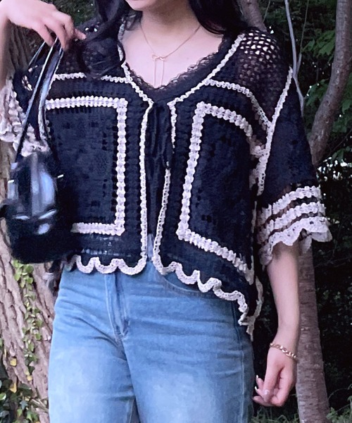 AS KNOW AS plus（アズノゥアズプラス）の「●かぎ針リボン結び半袖カーディガン（カーディガン/ボレロ・レディース・ブラック系/アイボリー系/ブルー系・FREE）」の16枚目の写真