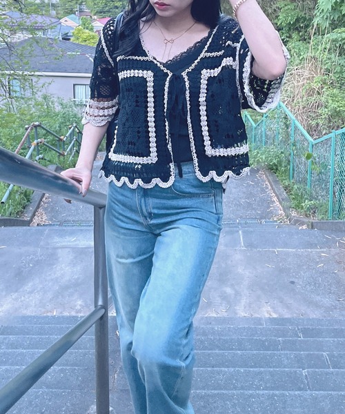 AS KNOW AS plus（アズノゥアズプラス）の「●かぎ針リボン結び半袖カーディガン（カーディガン/ボレロ・レディース・ブラック系/アイボリー系/ブルー系・FREE）」の14枚目の写真