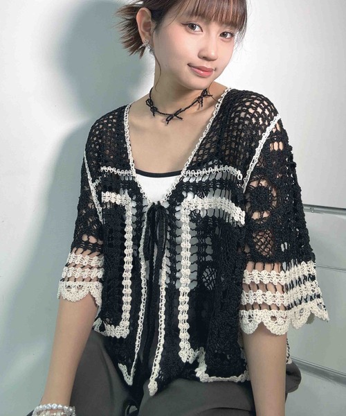 AS KNOW AS plus(アズノゥアズプラス)の「●かぎ針リボン結び半袖カーディガン(カーディガン/ボレロ・レディース・ブラック系/アイボリー系/ブルー系/ブラック系1/ピンク系・FREE)」の14枚目の写真