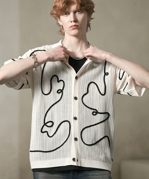 ANEDIST(アンディスト)の「コード刺繍透かし編みカーディガン(カーディガン/ボレロ・メンズ・ブラック/アイボリー/ミント・M/L)」の4枚目の写真