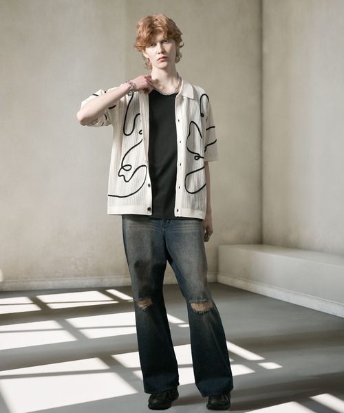 ANEDIST(アンディスト)の「コード刺繍透かし編みカーディガン(カーディガン/ボレロ・メンズ・ブラック/アイボリー/ミント・M/L)」の9枚目の写真