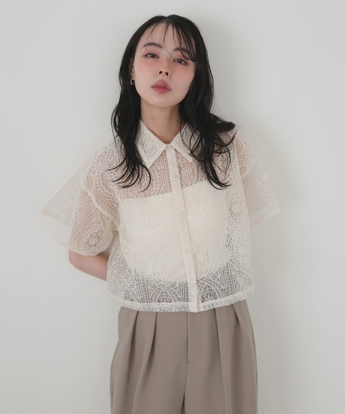 【サイズ交換ＯＫ】 刺繍レースショートシャツ（シャツ/ブラウス）｜LIAN（リアン トップス