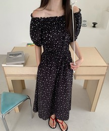 小花柄 ギャザー オフショル パフスリーブ ロング ワンピース