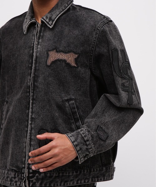 【美品】AVIREXアビレックス ブラックデニムカバーオール L ジャケット 黒 LEATHER PATCH DENIM JACKET / レザーパッチ デニムジャケット