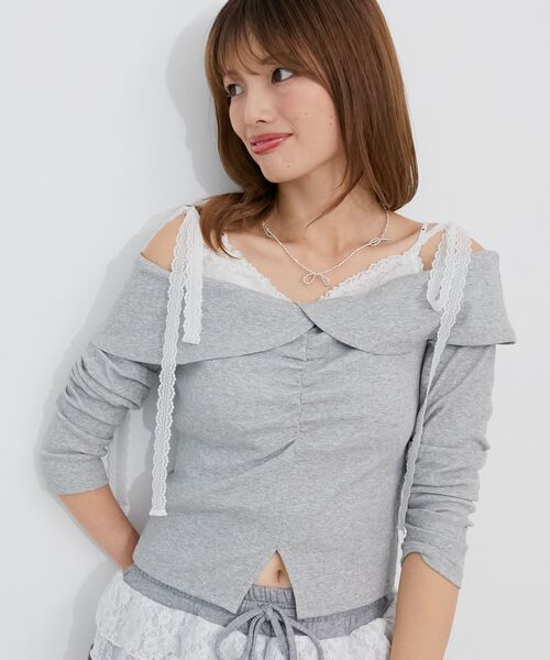 MAJESTIC LEGON（マジェスティックレゴン）の「肩リボンレースドッキングトップス（Tシャツ/カットソー・レディース・グレー/アイボリー/ブラック・MEDIUM）」の3枚目の写真