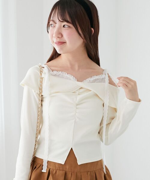 MAJESTIC LEGON（マジェスティックレゴン）の「肩リボンレースドッキングトップス（Tシャツ/カットソー・レディース・グレー/アイボリー/ブラック・MEDIUM）」の2枚目の写真