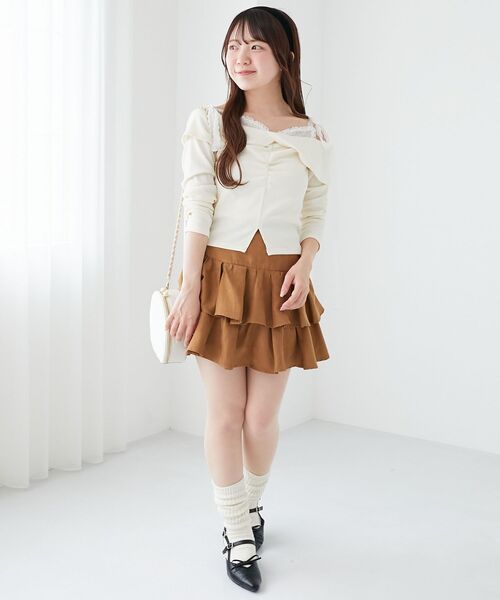 MAJESTIC LEGON（マジェスティックレゴン）の「肩リボンレースドッキングトップス（Tシャツ/カットソー・レディース・グレー/アイボリー/ブラック・MEDIUM）」の4枚目の写真