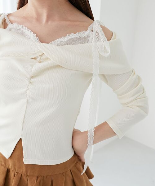 MAJESTIC LEGON（マジェスティックレゴン）の「肩リボンレースドッキングトップス（Tシャツ/カットソー・レディース・グレー/アイボリー/ブラック・MEDIUM）」の10枚目の写真