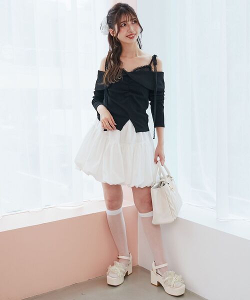 MAJESTIC LEGON（マジェスティックレゴン）の「肩リボンレースドッキングトップス（Tシャツ/カットソー・レディース・グレー/アイボリー/ブラック・MEDIUM）」の18枚目の写真