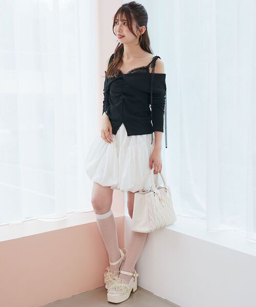 MAJESTIC LEGON（マジェスティックレゴン）の「肩リボンレースドッキングトップス（Tシャツ/カットソー・レディース・グレー/アイボリー/ブラック・MEDIUM）」の19枚目の写真