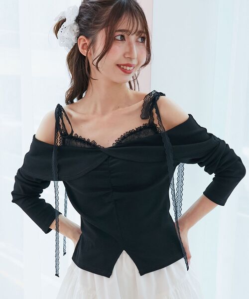 MAJESTIC LEGON（マジェスティックレゴン）の「肩リボンレースドッキングトップス（Tシャツ/カットソー・レディース・グレー/アイボリー/ブラック・MEDIUM）」の21枚目の写真