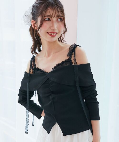 MAJESTIC LEGON（マジェスティックレゴン）の「肩リボンレースドッキングトップス（Tシャツ/カットソー・レディース・グレー/アイボリー/ブラック・MEDIUM）」の22枚目の写真