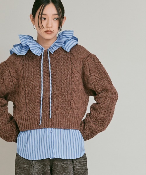 W:Huku（フーク）の「【W:Huku / ノンアイロンシリーズ】フリル フーディー ブラウス / Wrinkle-Resistant Frill Hooded Blouse（シャツ/ブラウス・レディース・ブラック/オフホワイト/ブルー系・FREE）」の8枚目の写真