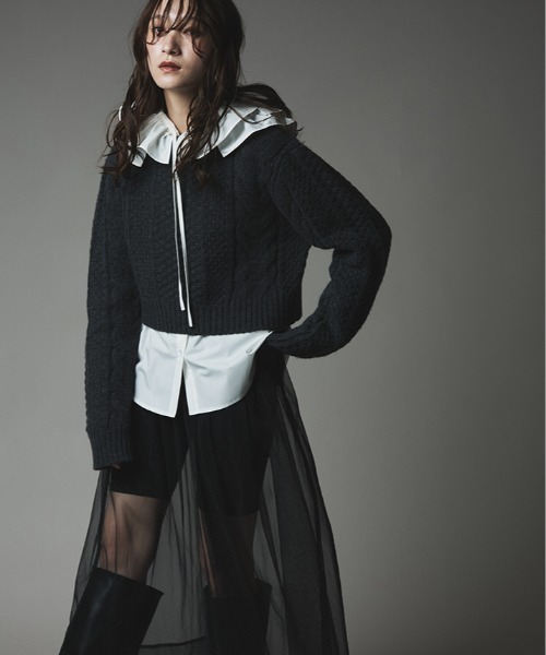 W:Huku（フーク）の「【W:Huku / ノンアイロンシリーズ】フリル フーディー ブラウス / Wrinkle-Resistant Frill Hooded Blouse（シャツ/ブラウス・レディース・ブラック/オフホワイト/ブルー系・FREE）」の14枚目の写真