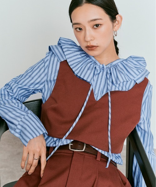 W:Huku（フーク）の「【W:Huku / ノンアイロンシリーズ】フリル フーディー ブラウス / Wrinkle-Resistant Frill Hooded Blouse（シャツ/ブラウス・レディース・ブラック/オフホワイト/ブルー系・FREE）」の17枚目の写真