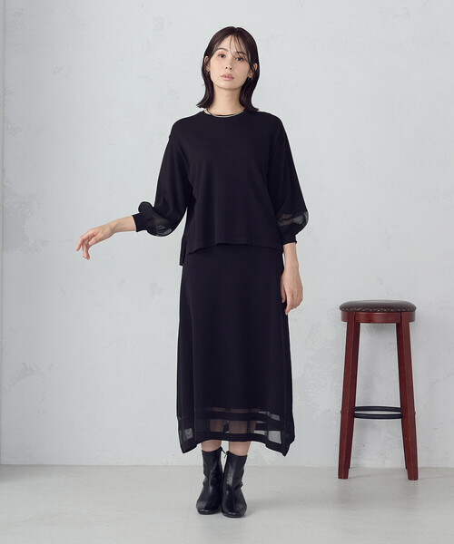 COMME CA ISM(コムサイズム)の「シアー切り替え7分袖ニット / セットアップ対応(ニット/セーター・レディース・ブラック/ネイビー・FREE)」の4枚目の写真