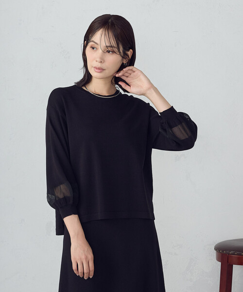 COMME CA ISM(コムサイズム)の「シアー切り替え7分袖ニット / セットアップ対応(ニット/セーター・レディース・ブラック/ネイビー・FREE)」の5枚目の写真