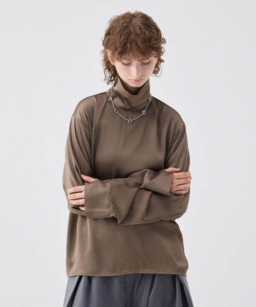 ストライプクレープハイネックトップ soerte ソエルテ Striped crepe high neck top/ストライプクレープハイネック