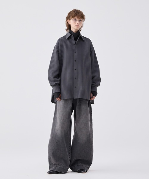 Striped crepe high neck top/ストライプクレープハイネック