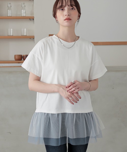 n'OrLABEL(ノアールレーベル)の「チュールドッキングカットソー(Tシャツ/カットソー・レディース・オフホワイト/ブラック/カーキ・2/1)」の2枚目の写真