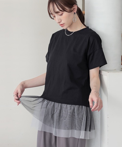 n'OrLABEL(ノアールレーベル)の「チュールドッキングカットソー(Tシャツ/カットソー・レディース・オフホワイト/ブラック/カーキ・2/1)」の1枚目の写真