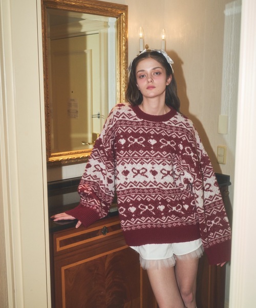 Lovilyn（ラヴィリン）の「リボンノルディックきらきらニット（ワンピース・レディース・レッド/グレー/サックスブルー・SMALL/MEDIUM）」の4枚目の写真