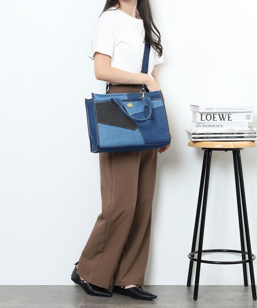 パッチワーク風デニム2WAYトートバッグ（トートバッグ）｜crossi