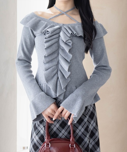 OHGA グレー フリルニットセーター F 楽天市場】【25AW×半額クーポン】アシンメトリー フリル ニット プル