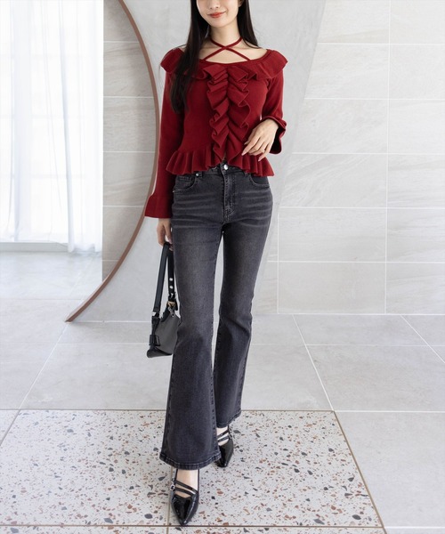 clear（クリア）の「ホルターネックリボンフリルフレアスリーブニットトップス[大人 フェミニン]（ニット/セーター・レディース・ブラック/アイボリー/杢グレー/ボルドー・F）」の12枚目の写真