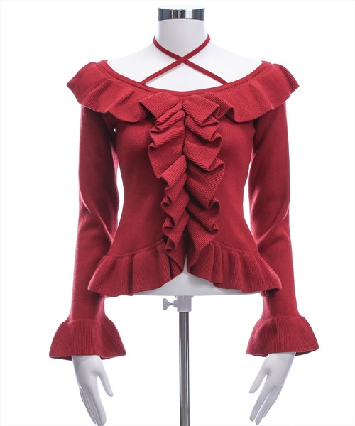 clear（クリア）の「ホルターネックリボンフリルフレアスリーブニットトップス[大人 フェミニン]（ニット/セーター・レディース・ブラック/アイボリー/杢グレー/ボルドー・F）」の13枚目の写真