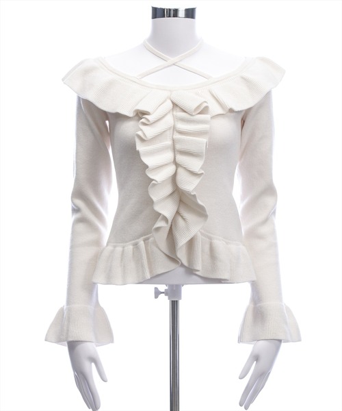 clear（クリア）の「ホルターネックリボンフリルフレアスリーブニットトップス[大人 フェミニン]（ニット/セーター・レディース・ブラック/アイボリー/杢グレー/ボルドー・F）」の15枚目の写真