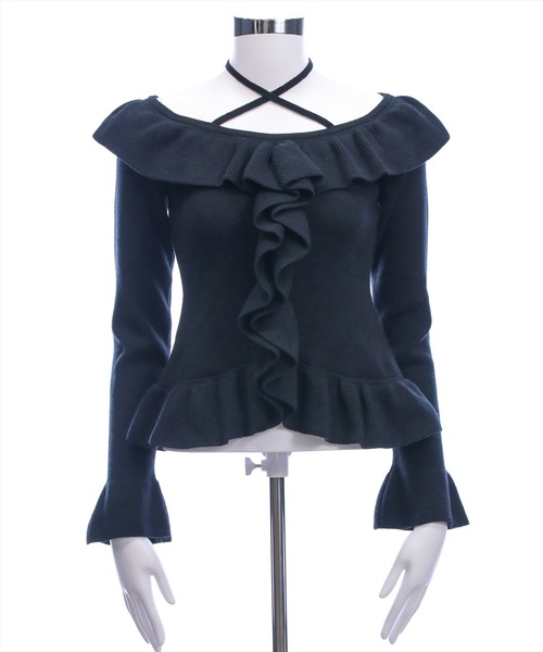 clear（クリア）の「ホルターネックリボンフリルフレアスリーブニットトップス[大人 フェミニン]（ニット/セーター・レディース・ブラック/アイボリー/杢グレー/ボルドー・F）」の14枚目の写真