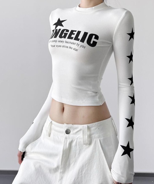 semplice(センプリチェ)の「星柄プリントのロングスリーブトップス(Tシャツ/カットソー・レディース・ホワイト/ブラック・F)」の4枚目の写真