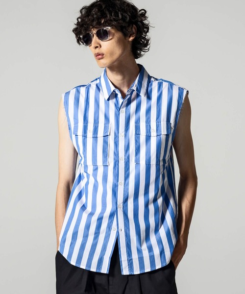 VIKTOR&ROLF(ヴィクター&ロルフ)の「VIKTOR&ROLF(ヴィクター&ロルフ)カットオフ ストライプ柄 ノースリーブシャツ(シャツ/ブラウス・メンズ・ブルー・M)」の1枚目の写真