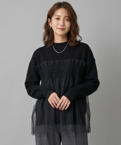 a lot of love(ア ロット オブ ラブ)の「チュールカバリング ルーズニット(ニット/セーター・レディース・ブラック/オフホワイト/グレー・FREE)」の2枚目の写真