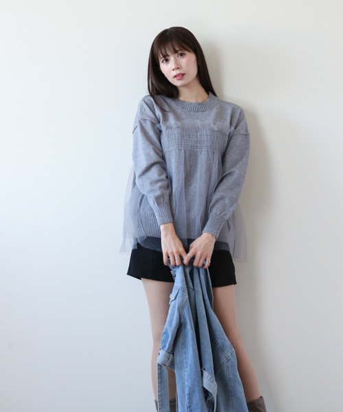 a lot of love(ア ロット オブ ラブ)の「チュールカバリング ルーズニット(ニット/セーター・レディース・ブラック/オフホワイト/グレー・FREE)」の15枚目の写真