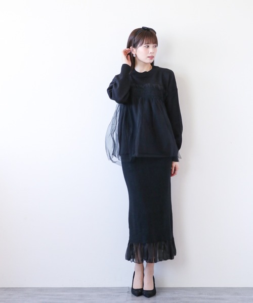 a lot of love(ア ロット オブ ラブ)の「チュールカバリング ルーズニット(ニット/セーター・レディース・ブラック/オフホワイト/グレー・FREE)」の10枚目の写真