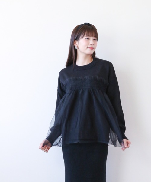 a lot of love(ア ロット オブ ラブ)の「チュールカバリング ルーズニット(ニット/セーター・レディース・ブラック/オフホワイト/グレー・FREE)」の9枚目の写真