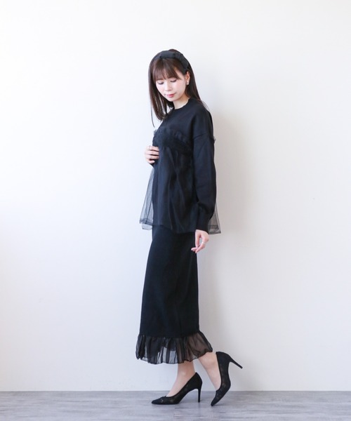 a lot of love(ア ロット オブ ラブ)の「チュールカバリング ルーズニット(ニット/セーター・レディース・ブラック/オフホワイト/グレー・FREE)」の4枚目の写真