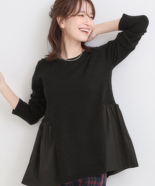 DRESKIP（ドレスキップ）の「【洗濯機可/S-LL/体型カバー】異素材きりかえ Aラインニット（ニット/セーター・レディース・ブラック/ブラウン系/ブルー系その他・01/02/03/04）」の2枚目の写真