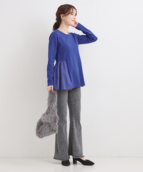 DRESKIP（ドレスキップ）の「【洗濯機可/S-LL/体型カバー】異素材きりかえ Aラインニット（ニット/セーター・レディース・ブラック/ブラウン系/ブルー系その他・01/02/03/04）」の11枚目の写真