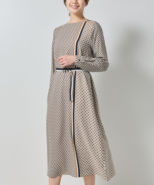 セール】【NARACAMICIE】共ベルト付パッチワーク幾何ワンピース