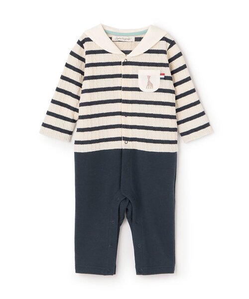 Sophie la girafe(ソフィーラジラフ)の「ジャカードボーダーセーラーカバーオール【日本製】(ロンパース・キッズ・グレー/ネイビー・70cm/80cm)」の1枚目の写真