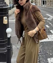 ノーカラーコート（ブラウン/茶色系・フェイクファー）ファッション