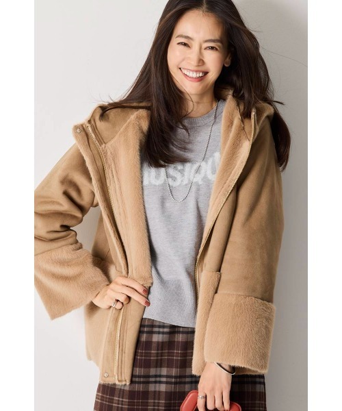 M.deux(エムドゥ)の「フェイクムートンファーコート(テーラードジャケット・レディース・キャメル/グレイッシュベージュ・MEDIUM)」の1枚目の写真